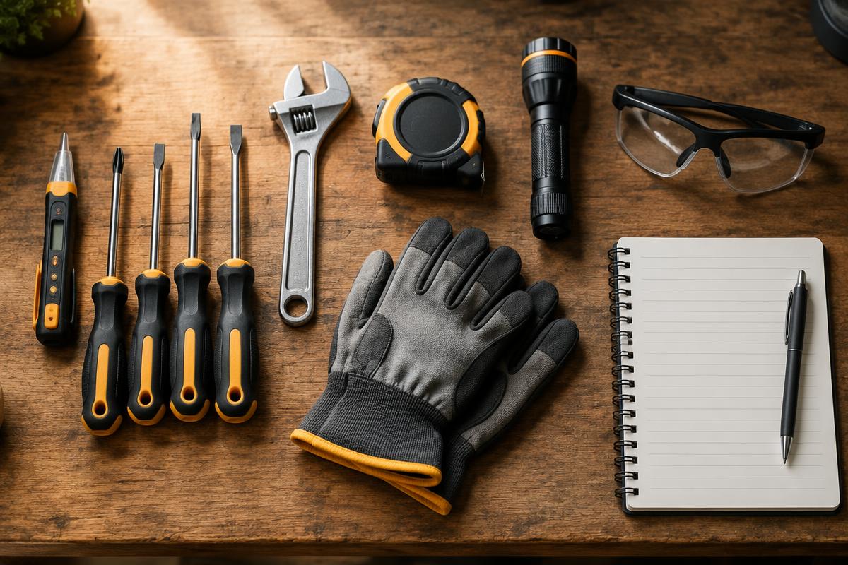 A voltage tester and safety tools on a workbench.